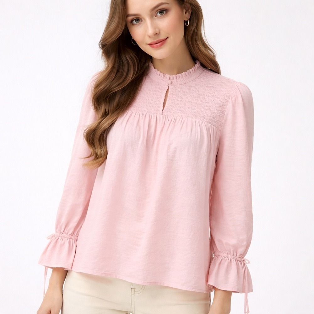 Maje Pink Smocked Blouse Size 2 (US M) Ruffle Neck Long Sleeve Boho Peasant Top